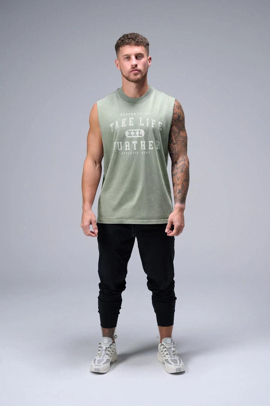 Sage Green Stone Wash Property Of Dura Cotton Muscle Tank with distressed chest graphic, boxy fit and raw edge armholes by TLF Apparel – front view