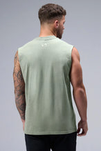 Sage Green Stone Wash Property Of Dura Cotton Muscle Tank showing boxy fit, wide shoulders and heavyweight cotton construction by TLF Apparel – back view