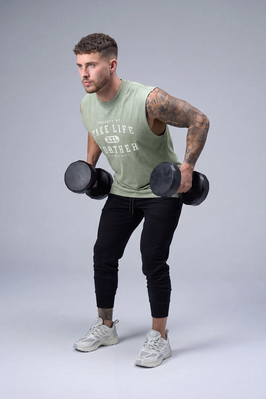 Sage Green Stone Wash Property Of Dura Cotton Muscle Tank showing raw-cut armholes, wide shoulder fit and stone wash finish by TLF Apparel – Front view