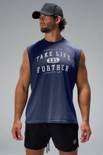 Deep Navy Black Stone Wash Property Of Dura Cotton Muscle Tank featuring distressed Take Life Further chest graphic and heavyweight cotton by TLF Apparel – front view