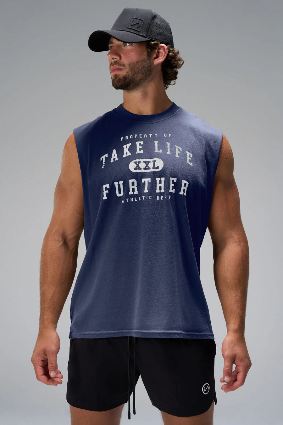 Deep Navy Black Stone Wash Property Of Dura Cotton Muscle Tank featuring distressed Take Life Further chest graphic and heavyweight cotton by TLF Apparel – front view
