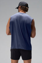 Deep Navy Stone Wash Property Of Dura Cotton Muscle Tank showing boxy fit, wide shoulders and heavyweight cotton construction by TLF Apparel – back view