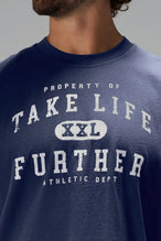 Deep Navy Stone Wash Property Of Dura Cotton Muscle Tank featuring distressed Property Of Take Life Further graphic and premium heavyweight cotton by TLF Apparel – detail view