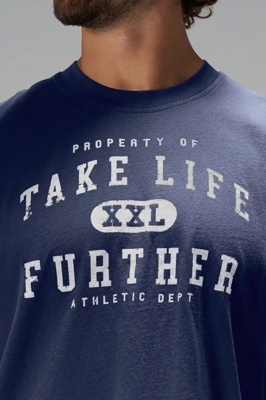Deep Navy Stone Wash Property Of Dura Cotton Muscle Tank featuring distressed Property Of Take Life Further graphic and premium heavyweight cotton by TLF Apparel – detail view