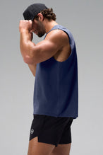 Deep Navy Stone Wash Property Of Dura Cotton Muscle Tank showing raw-cut armholes, wide shoulder fit and stone wash finish by TLF Apparel – side view