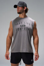 Quiet Shade Stone Wash Property Of Dura Cotton Muscle Tank featuring distressed Take Life Further chest graphic and heavyweight cotton by TLF Apparel – front view