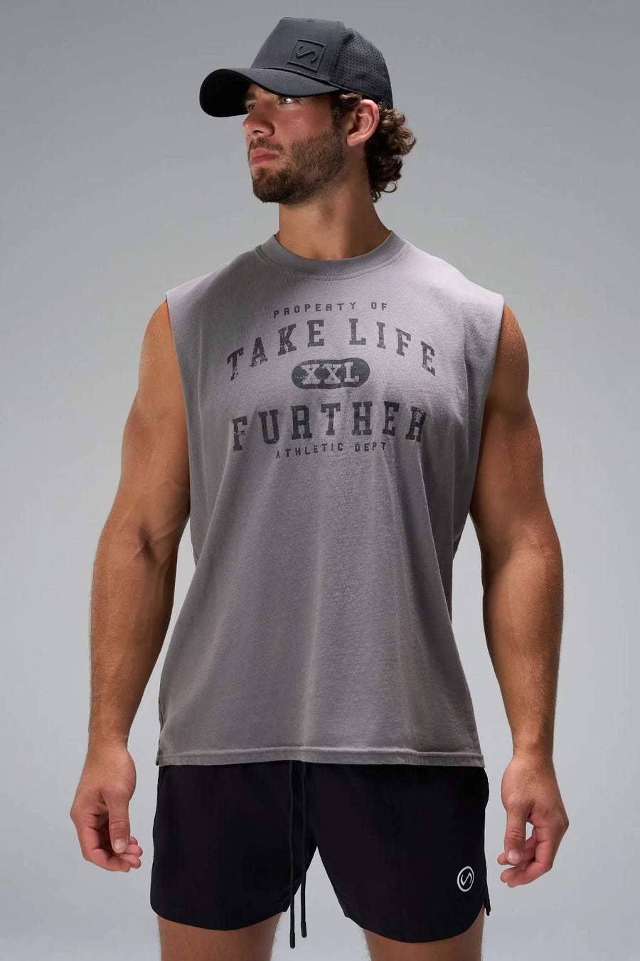 Quiet Shade Stone Wash Property Of Dura Cotton Muscle Tank featuring distressed Take Life Further chest graphic and heavyweight cotton by TLF Apparel – front view