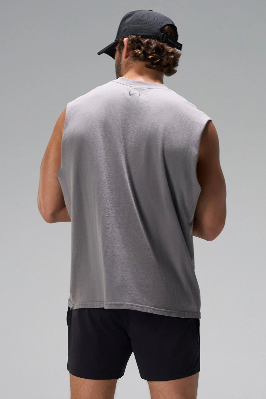 Quiet Shade Stone Wash Property Of Dura Cotton Muscle Tank showing boxy fit, wide shoulders and heavyweight cotton construction by TLF Apparel – back view