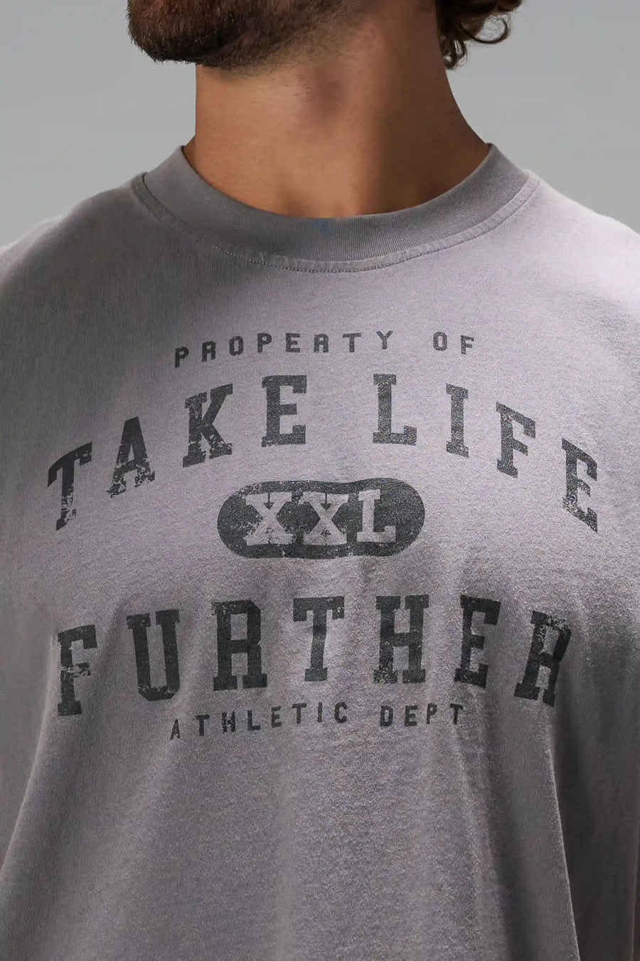 Quiet Shade Stone Wash Property Of Dura Cotton Muscle Tank featuring distressed Property Of Take Life Further graphic and premium heavyweight cotton by TLF Apparel – detail view