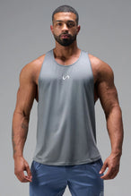 Front View of Gray TLF Infi Dry Stringer Tank featuring a physique enhancing design in our advanced Infi-Dry DNA fabric technology