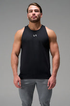 Black Men’s Micro Mesh Tank with a physique-enhancing fit, designed for gym training, HIIT workouts and running by TLF Apparel – front view 