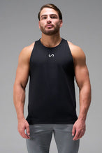 Black Men’s Micro Mesh Tank with a physique-enhancing fit, designed for gym training, HIIT workouts and running by TLF Apparel – front view