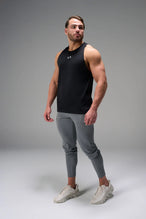 Black Men’s Micro Mesh Tank with a physique-enhancing fit, designed for gym training, HIIT workouts and running by TLF Apparel – front view 