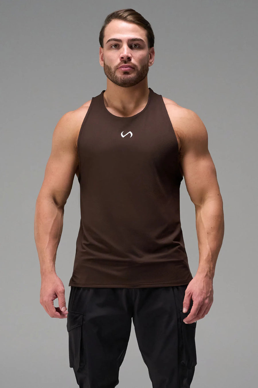 Brown Men’s Micro Mesh Tank with a physique-enhancing fit, designed for gym training, HIIT workouts and running by TLF Apparel – front view 