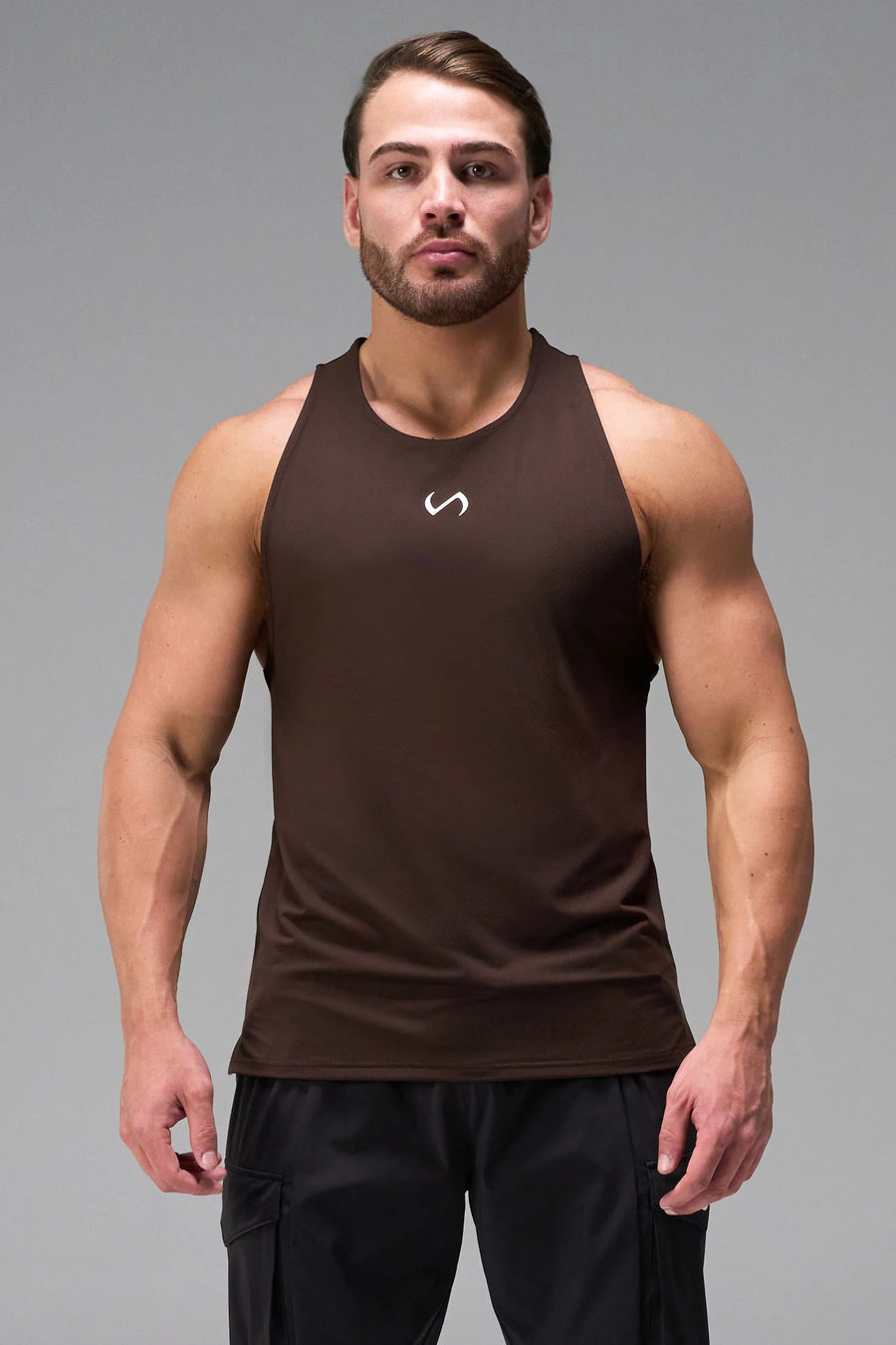Brown Men’s Micro Mesh Tank with a physique-enhancing fit, designed for gym training, HIIT workouts and running by TLF Apparel – front view