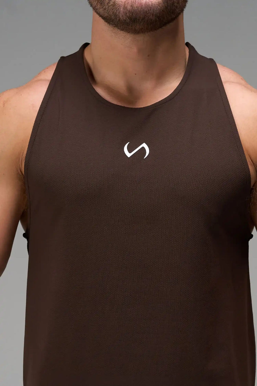 Brown Men’s Micro Mesh Tank with a physique-enhancing fit, designed for gym training, HIIT workouts and running by TLF Apparel – front view 