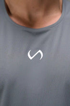 Gray Men’s Micro Mesh Tank with a physique-enhancing fit, designed for gym training, HIIT workouts and running by TLF Apparel – detail front view 