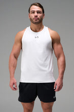 White Men’s Micro Mesh Tank with a physique-enhancing fit, designed for gym training, HIIT workouts and running by TLF Apparel – front view 