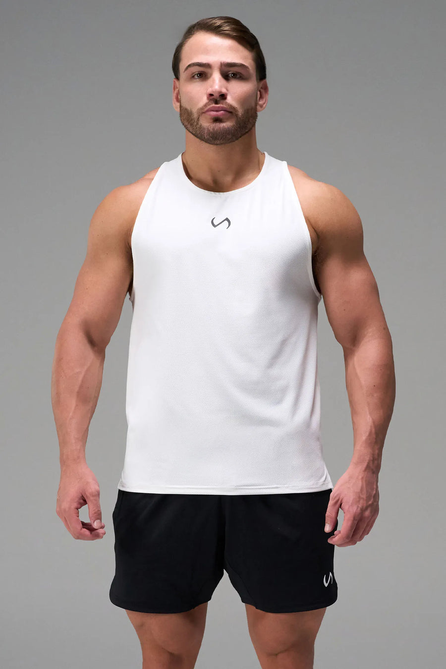 White Men’s Micro Mesh Tank with a physique-enhancing fit, designed for gym training, HIIT workouts and running by TLF Apparel – front view 