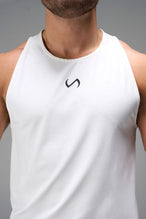 White Men’s Micro Mesh Tank with a physique-enhancing fit, designed for gym training, HIIT workouts and running by TLF Apparel – detail view 