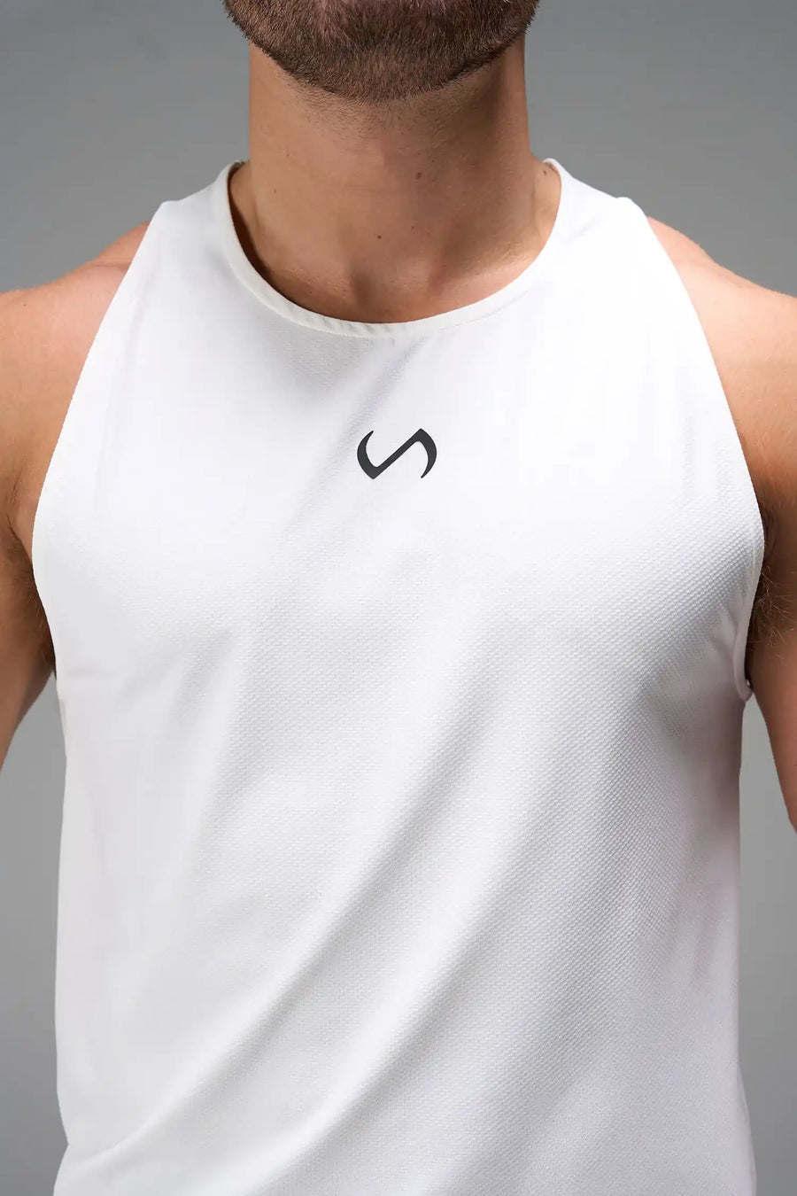 White Men’s Micro Mesh Tank with a physique-enhancing fit, designed for gym training, HIIT workouts and running by TLF Apparel – detail view 