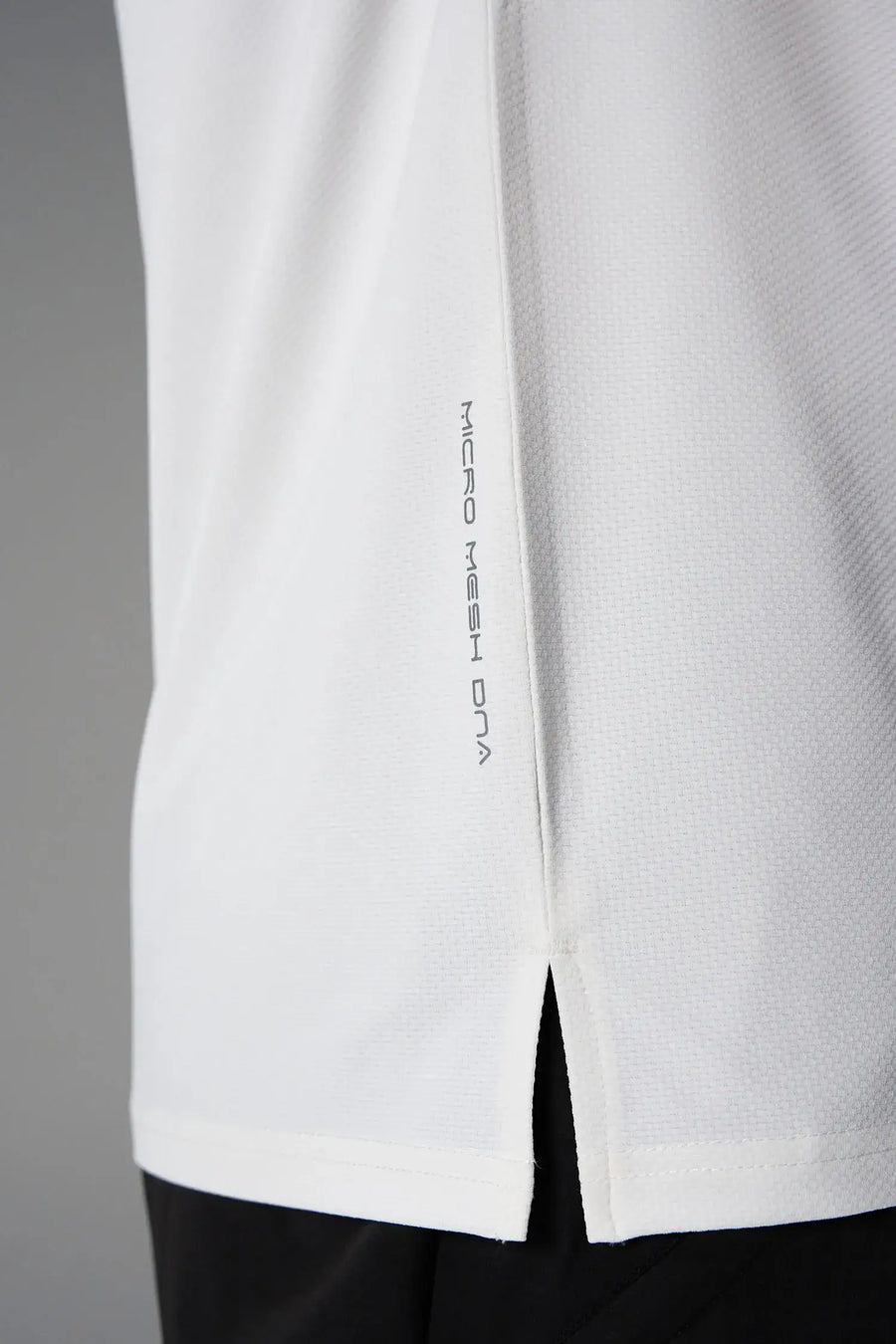 White Men’s Micro Mesh Tank with a physique-enhancing fit, designed for gym training, HIIT workouts and running by TLF Apparel – detail side view 