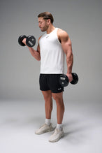 White Men’s Micro Mesh Tank with a physique-enhancing fit, designed for gym training, HIIT workouts and running by TLF Apparel – front view 