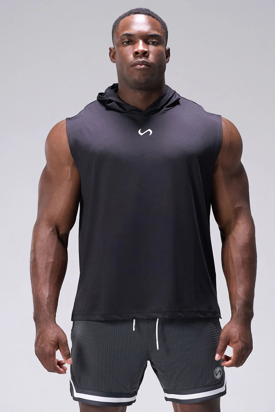 Black Train Infi Dry Sleeveless Hoodie with lightweight, moisture-wicking fabric, athletic fit, and structured hood for training by TLF Apparel – front view