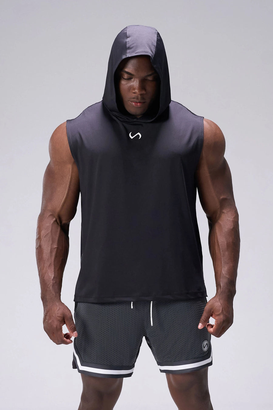 Black Train Infi Dry Sleeveless Hoodie with lightweight moisture-wicking fabric, athletic silhouette, and structured hood by TLF Apparel – front view