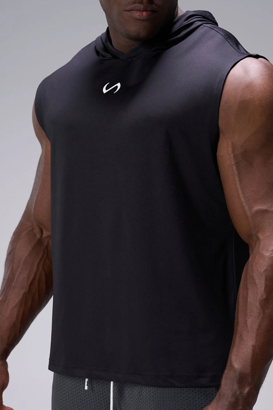 Black Train Infi Dry Sleeveless Hoodie with drop armhole construction, side vents, and unrestricted mobility for training by TLF Apparel – side view