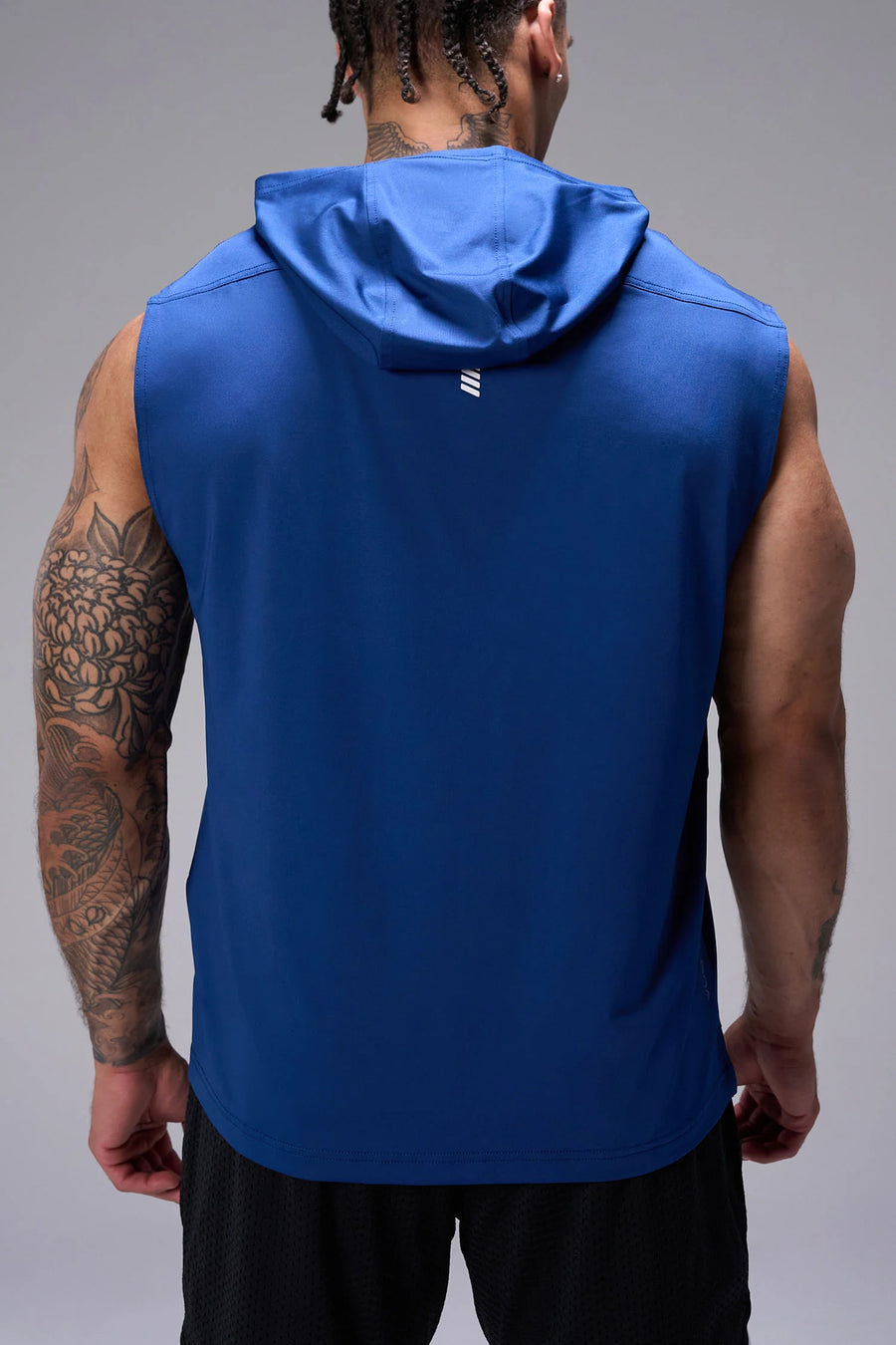 Blue Train Infi Dry Sleeveless Hoodie with breathable performance fabric, reflective side details, and athletic fit by TLF Apparel – back view