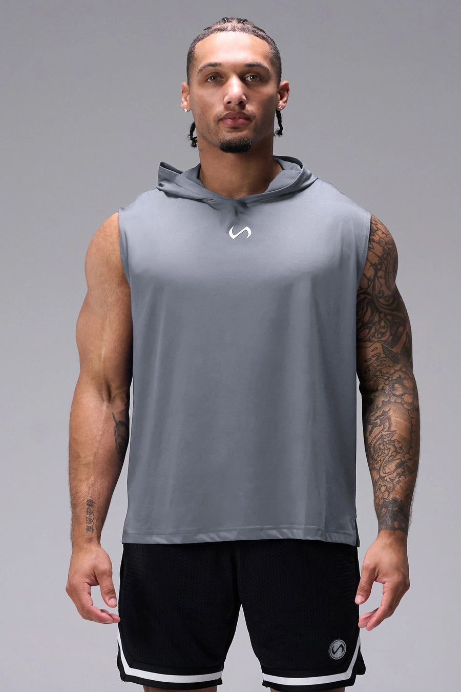 Gray Train Infi Dry Sleeveless Hoodie with lightweight, moisture-wicking fabric, athletic fit, and structured hood for training by TLF Apparel – front view