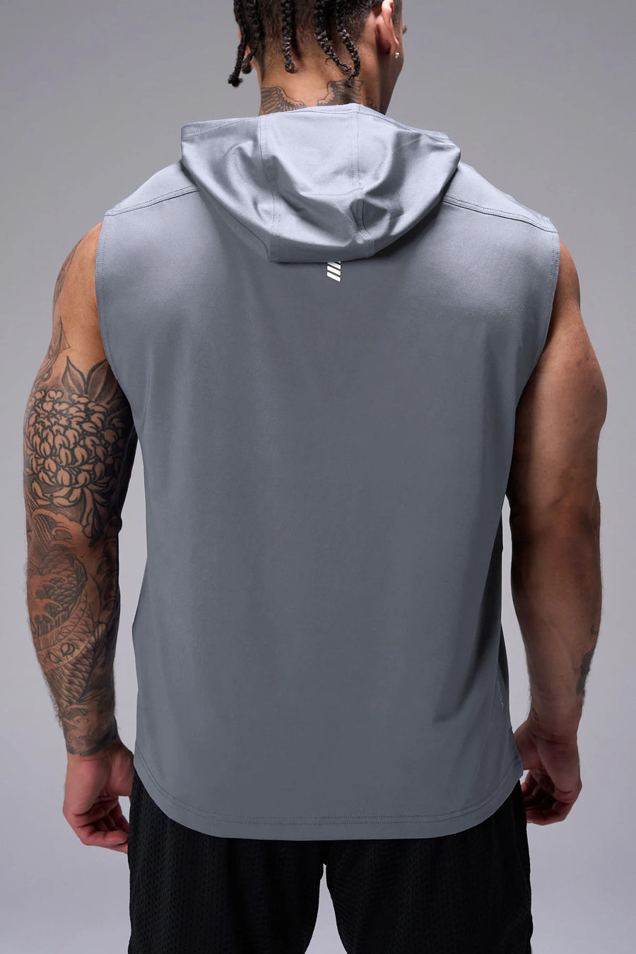 Gray Train Infi Dry Sleeveless Hoodie with breathable performance fabric, reflective side details, and athletic fit by TLF Apparel – back view