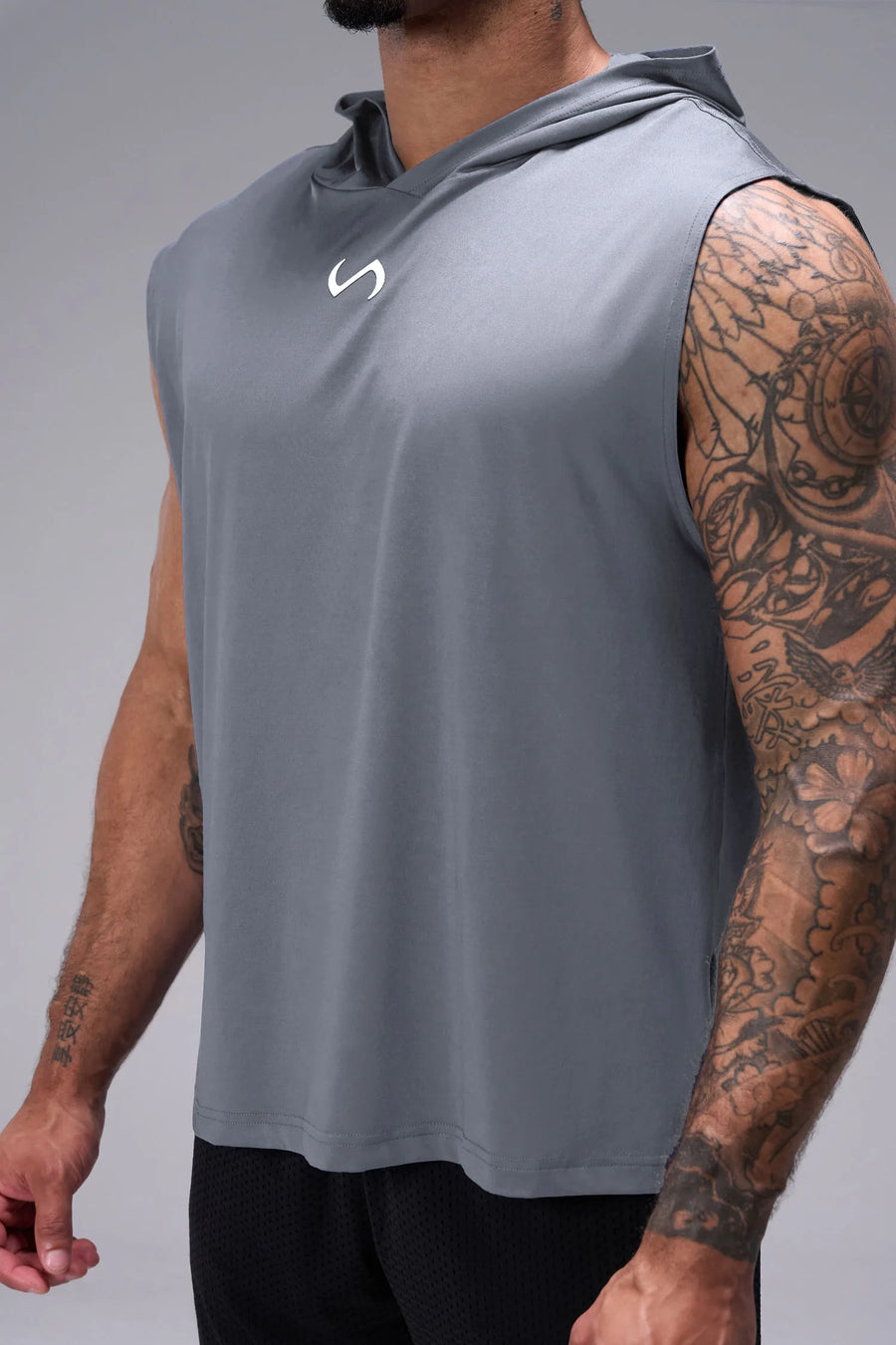 Gray Train Infi-Dry Sleeveless Hoodie featuring moisture-wicking fabric, premium construction, and signature TLF branding by TLF Apparel – detail view