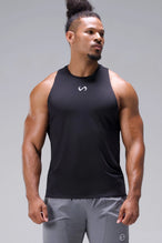 Black Infi-Dry Muscle Tank with lightweight moisture-wicking performance fabric, athletic fit, and drop armhole design for training and workouts by TLF Apparel – front view