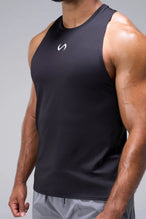 Black Infi-Dry Muscle Tank with drop armhole construction, athletic fit, and unrestricted mobility for training by TLF Apparel – side view