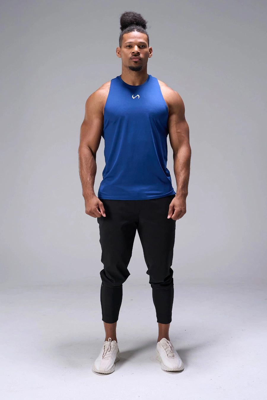 Blue Infi-Dry Muscle Tank with moisture-wicking performance fabric, athletic fit, and drop armhole design by TLF Apparel – front angle view