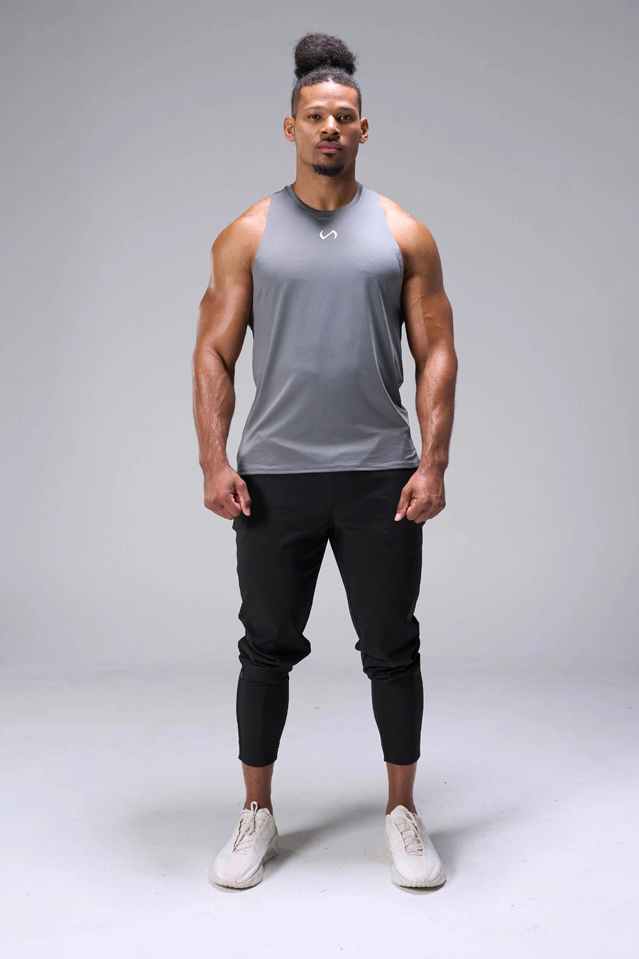 Gray Infi-Dry Muscle Tank with moisture-wicking performance fabric, athletic fit, and drop armhole design by TLF Apparel – front angle view