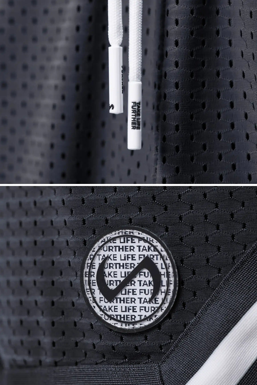 Grey TLF Evolve Mesh 6 Inch Shorts showing Mesh Tech DNA™ fabric, striped ribbed waistband, and premium construction details by TLF Apparel – detail view