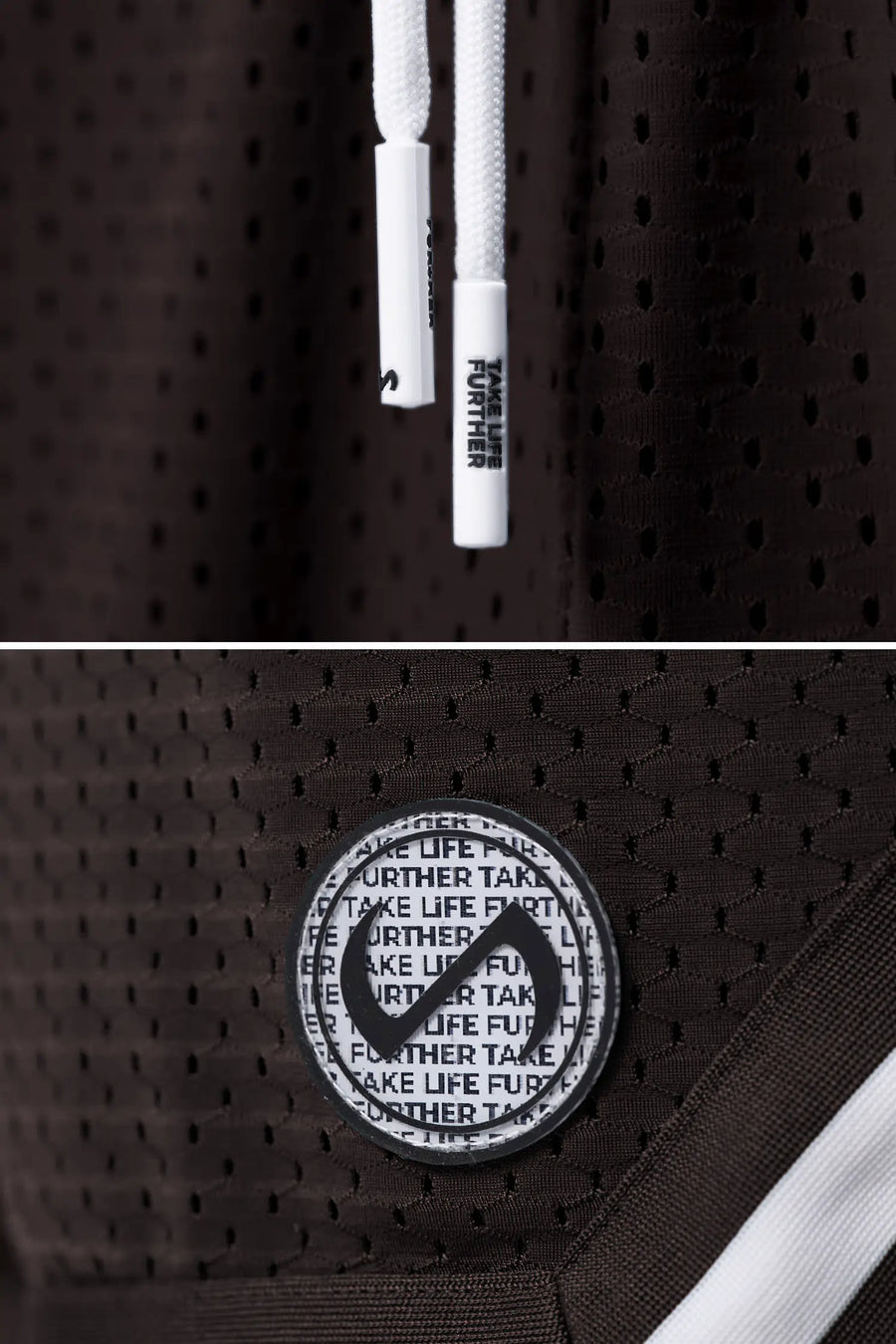 Brown TLF Evolve Mesh 6 Inch Shorts showing Mesh Tech DNA™ fabric, striped ribbed waistband, and premium construction details by TLF Apparel – detail view