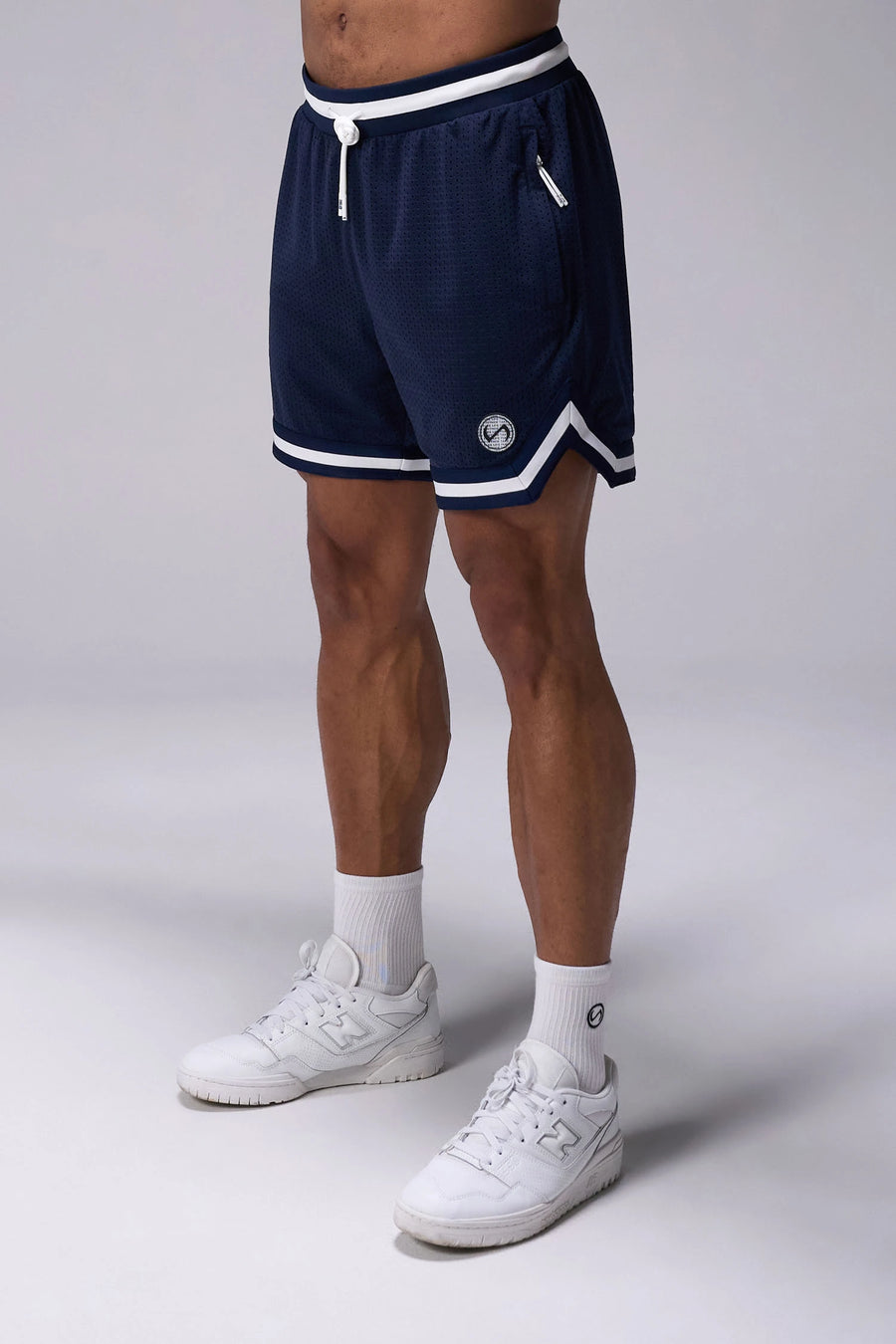 Navy Blue TLF Evolve Mesh 6 Inch Shorts with lightweight breathable mesh fabric, zip pockets, and 4-way stretch performance for gym training and workouts by TLF Apparel – front view