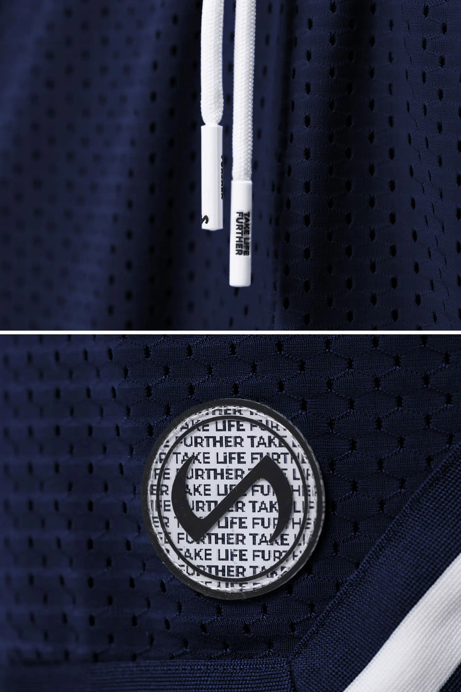 Navy Blue TLF Evolve Mesh 6 Inch Shorts showing Mesh Tech DNA™ fabric, striped ribbed waistband, and premium construction details by TLF Apparel – detail view