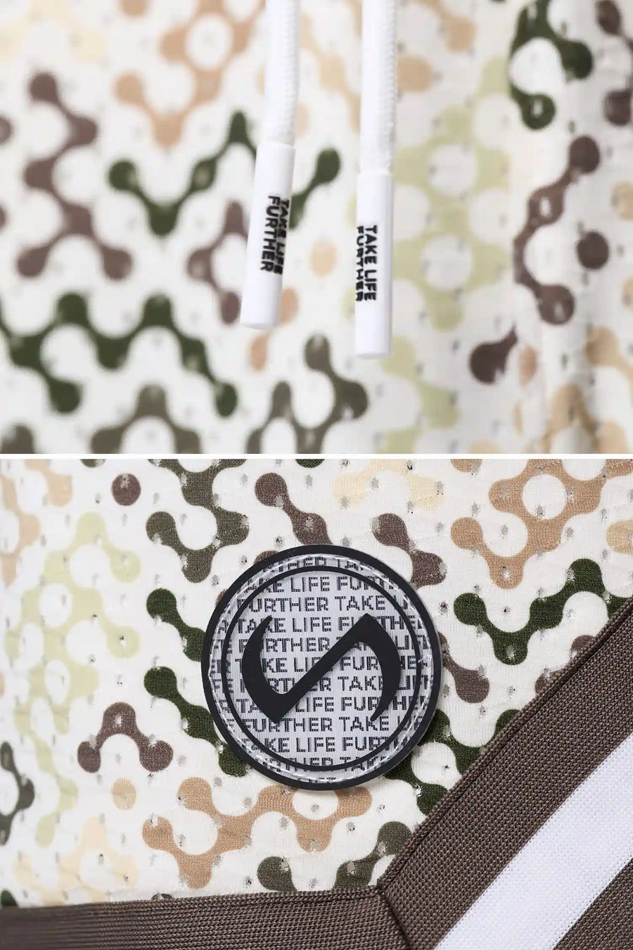 CREAM PRINT TLF Evolve Mesh 6 Inch Shorts showing Mesh Tech DNA™ fabric, striped ribbed waistband, and premium construction details by TLF Apparel – detail view