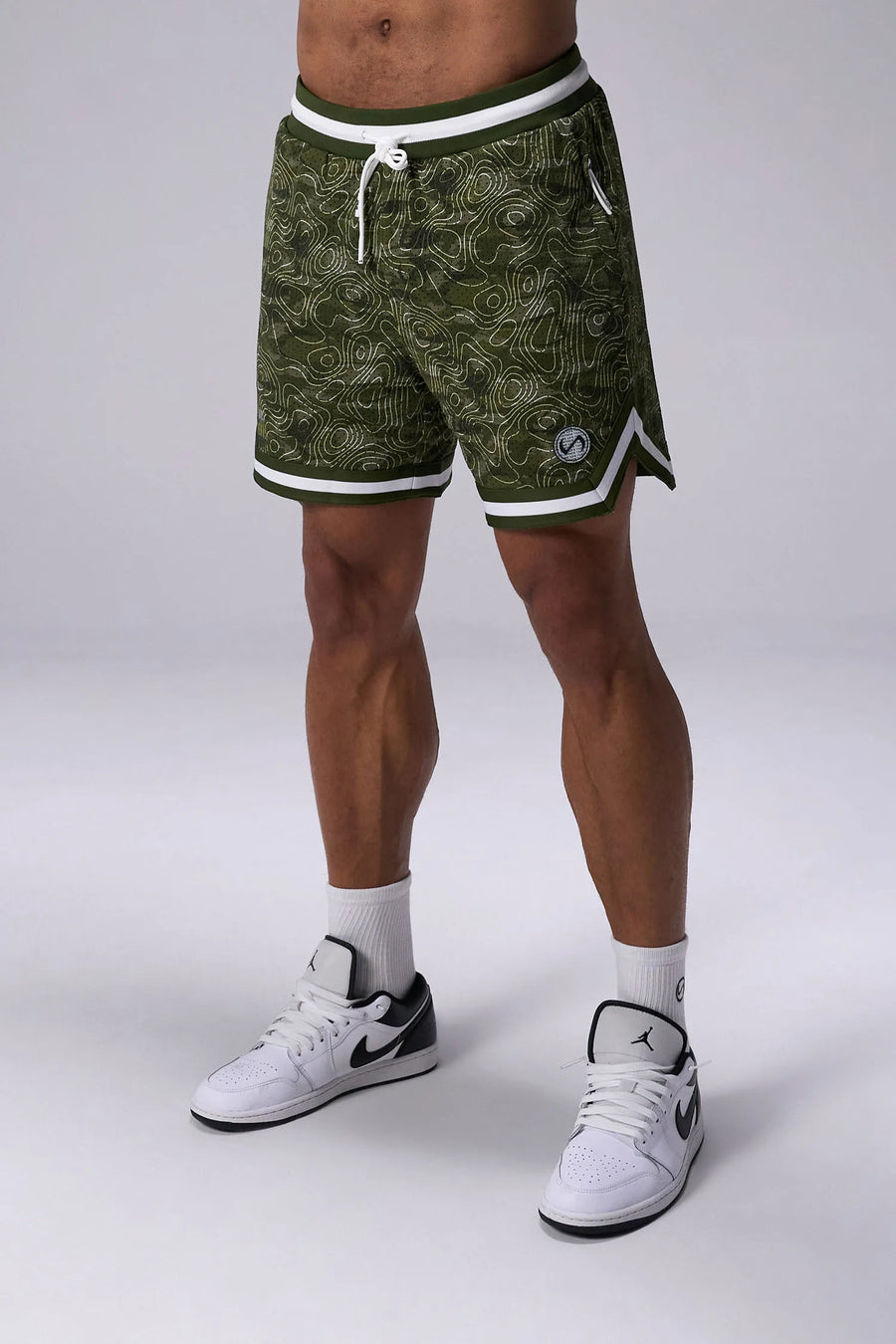 GREEN PRINT TLF Evolve Mesh 6 Inch Shorts with lightweight breathable mesh fabric, zip pockets, and 4-way stretch performance for gym training and workouts by TLF Apparel – front view