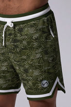 GREEN PRINT TLF Evolve Mesh 6 Inch Shorts showing athletic side silhouette, zip pocket storage, and lightweight mesh fabric by TLF Apparel – side view