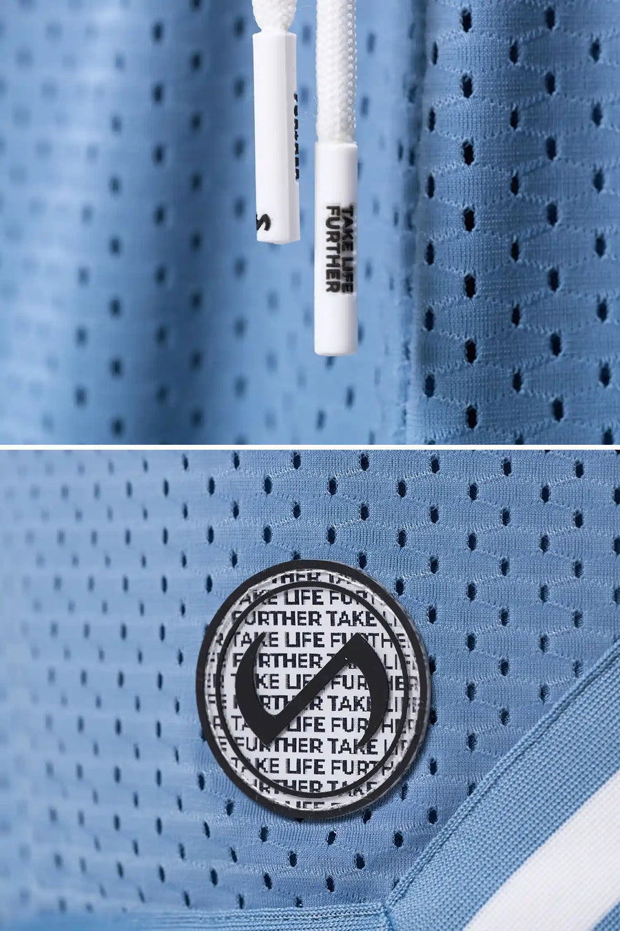 Light Blue TLF Evolve Mesh 6 Inch Shorts showing Mesh Tech DNA™ fabric, striped ribbed waistband, and premium construction details by TLF Apparel – detail view
