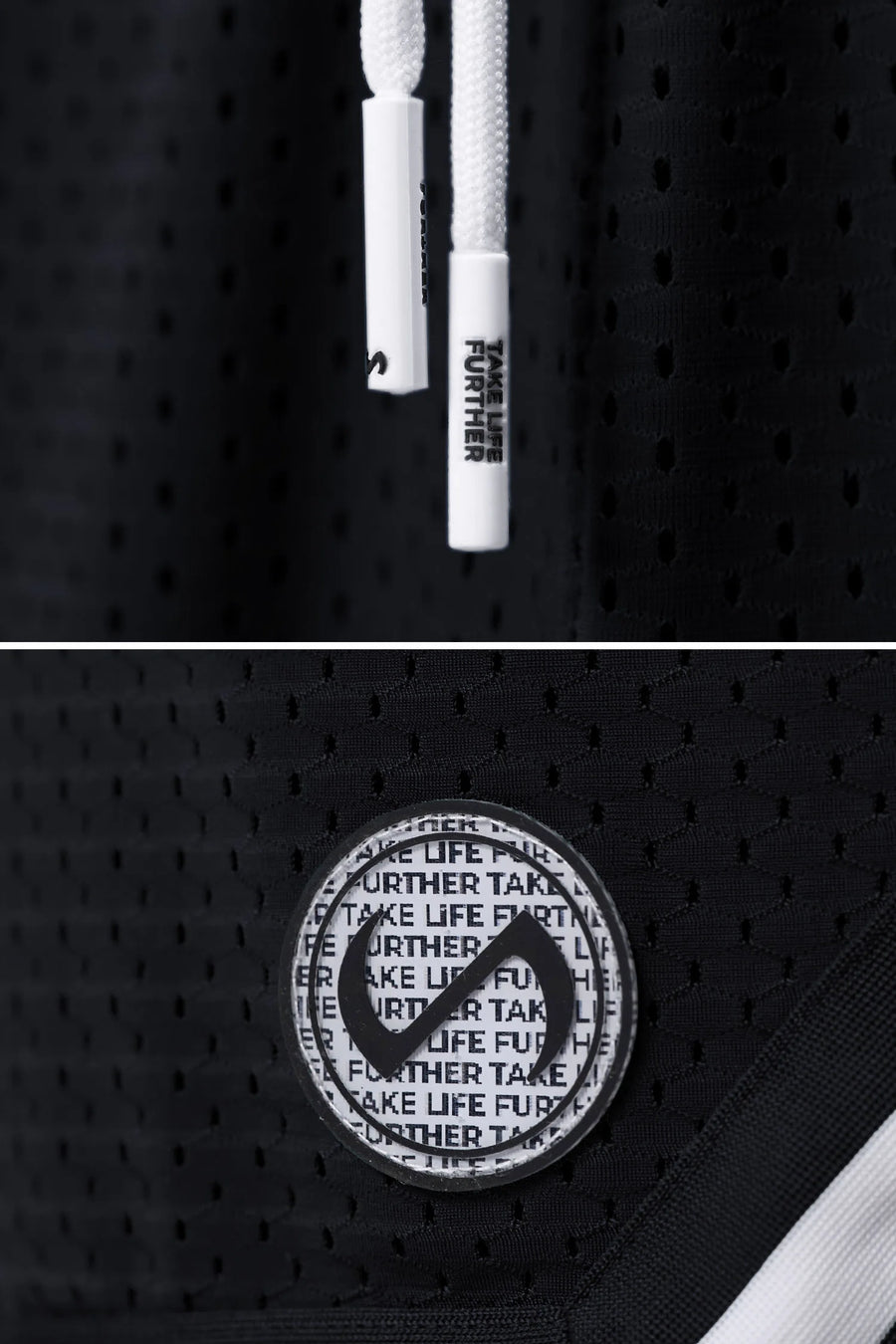 Black GTS Evolve Mesh 8 Inch Shorts showing Mesh Tech DNA™ fabric, striped ribbed waistband, and premium construction details by TLF Apparel – detail view