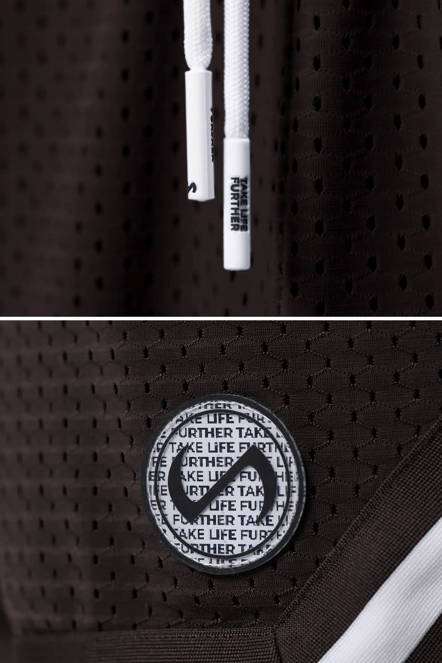 Brown GTS Evolve Mesh 8 Inch Shorts showing Mesh Tech DNA™ fabric, striped ribbed waistband, and premium construction details by TLF Apparel – detail view