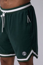 Green GTS Evolve Mesh 8 Inch Shorts showing Mesh Tech DNA™ fabric, striped ribbed waistband, and premium construction details by TLF Apparel – detail view