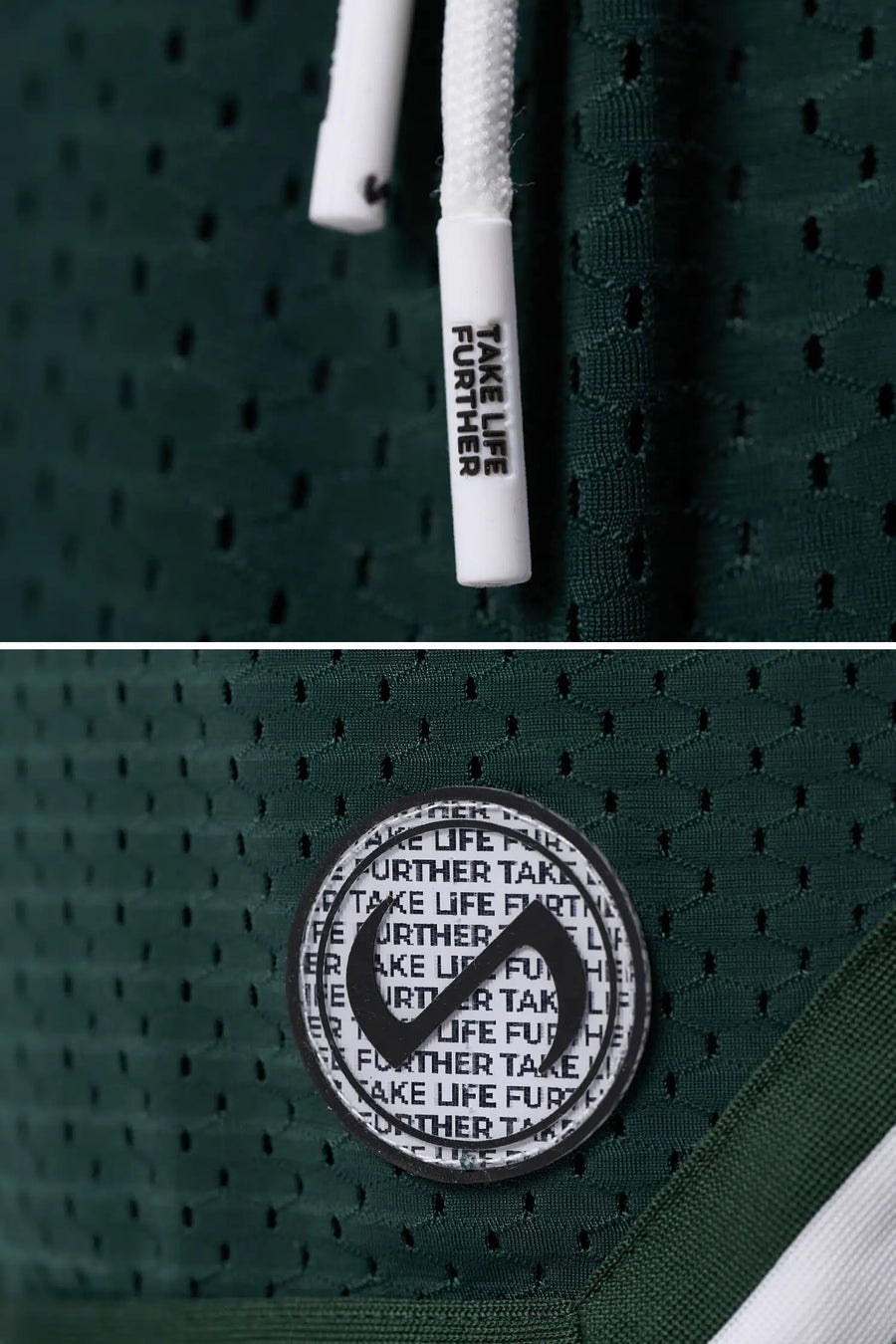 Green GTS Evolve Mesh 8 Inch Shorts showing Mesh Tech DNA™ fabric, striped ribbed waistband, and premium construction details by TLF Apparel – detail view